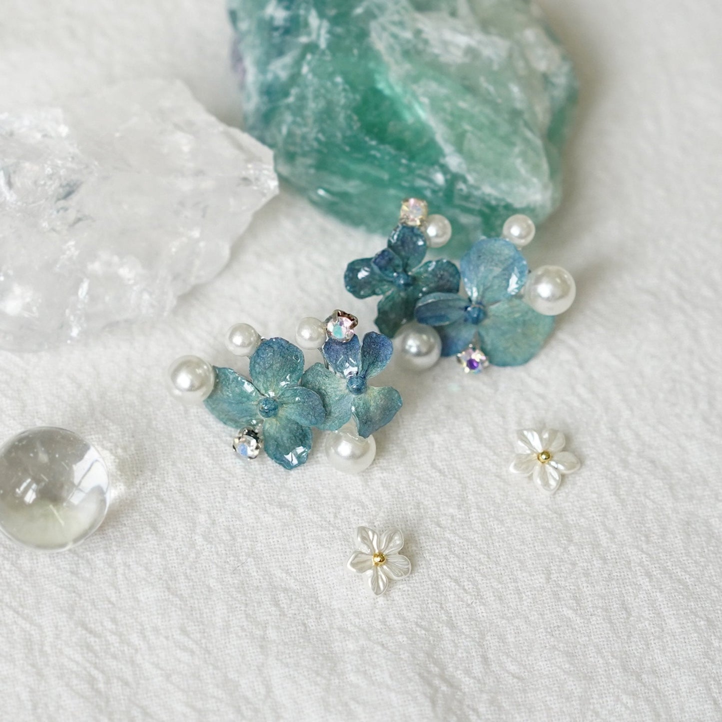 Real Blue Hydrangea Earrings with Pearl & Crystal Drop