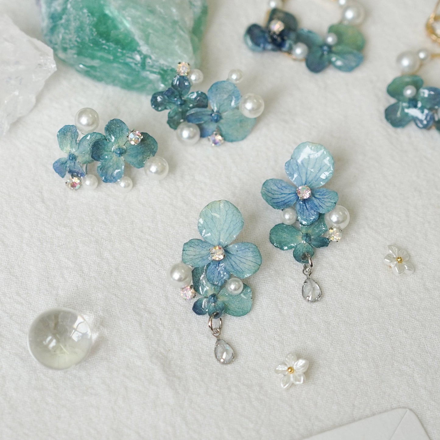 Real Blue Hydrangea Earrings with Pearl & Crystal Drop