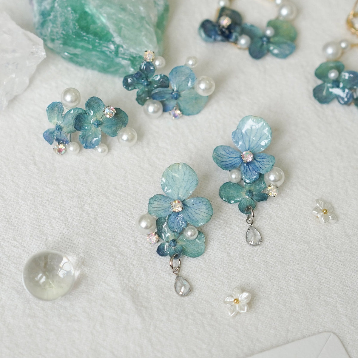 Real Blue Hydrangea Earrings with Pearl & Crystal Drop