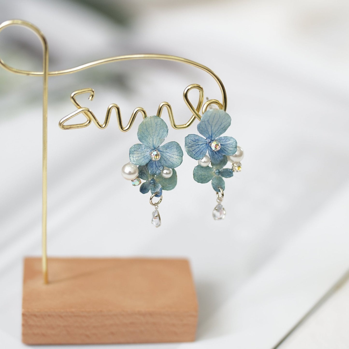 Real Blue Hydrangea Earrings with Pearl & Crystal Drop
