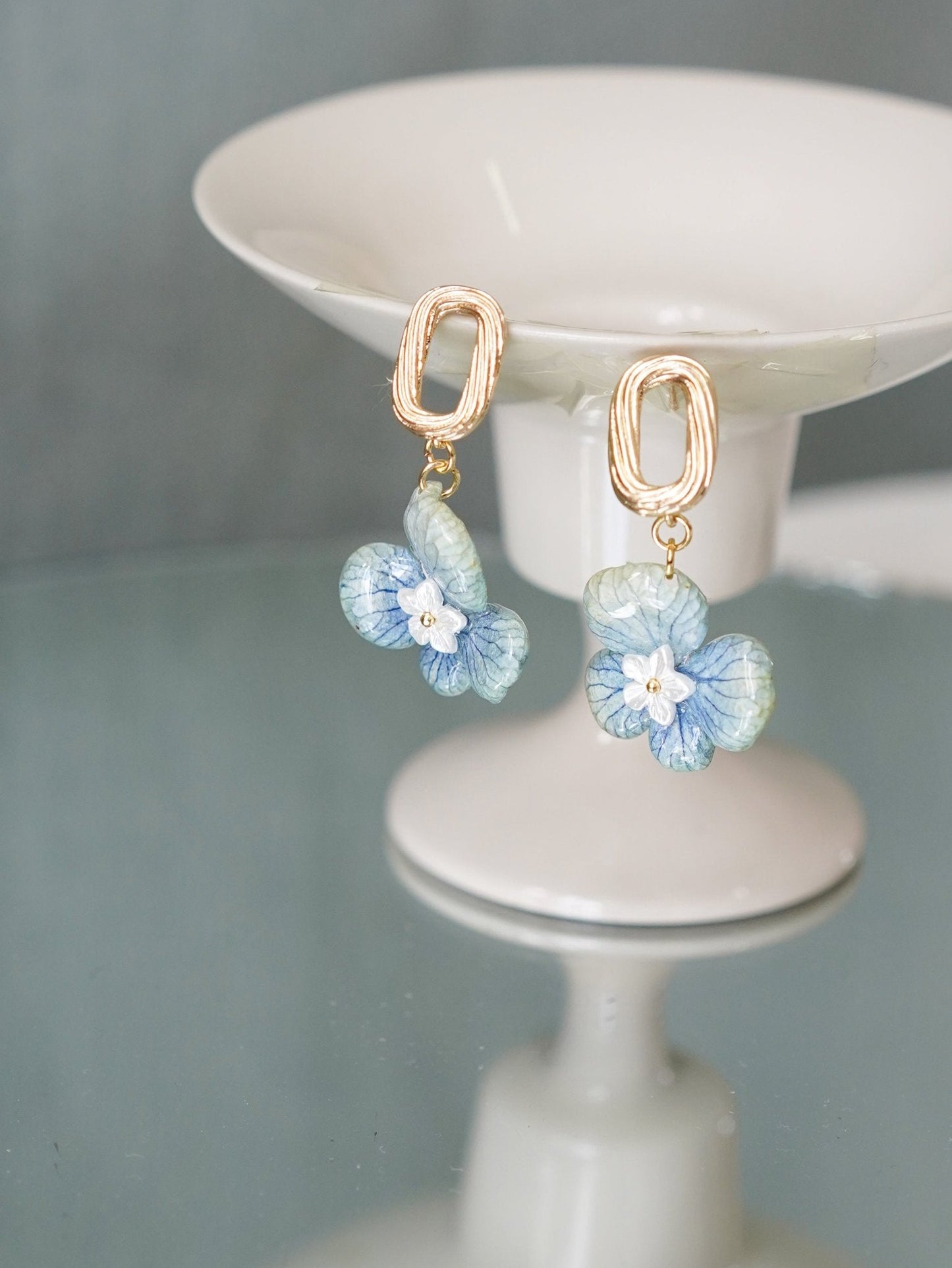 Real Blue Hydrangea Earrings with Pearl & Crystal Drop