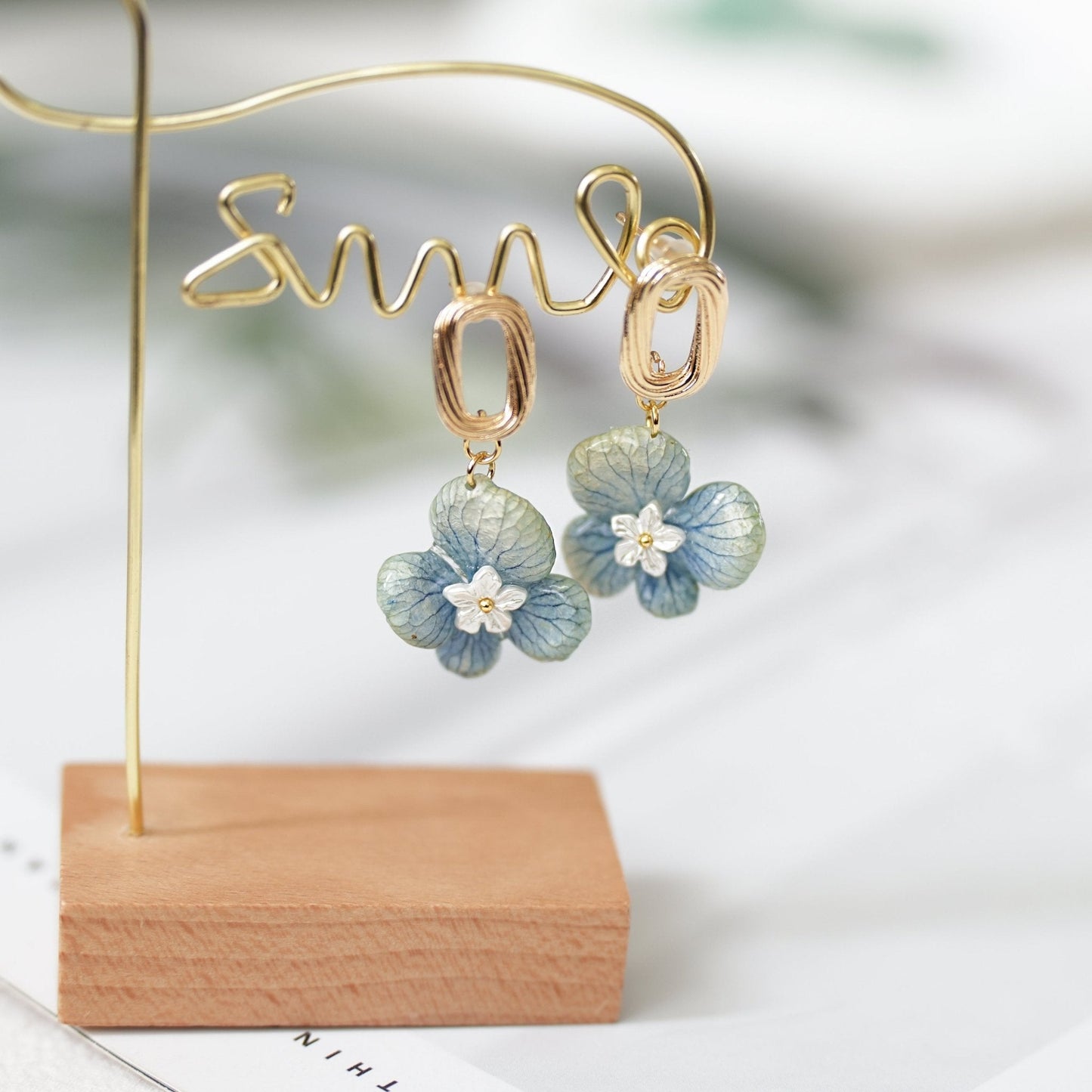 Real Blue Hydrangea Earrings with Pearl & Crystal Drop