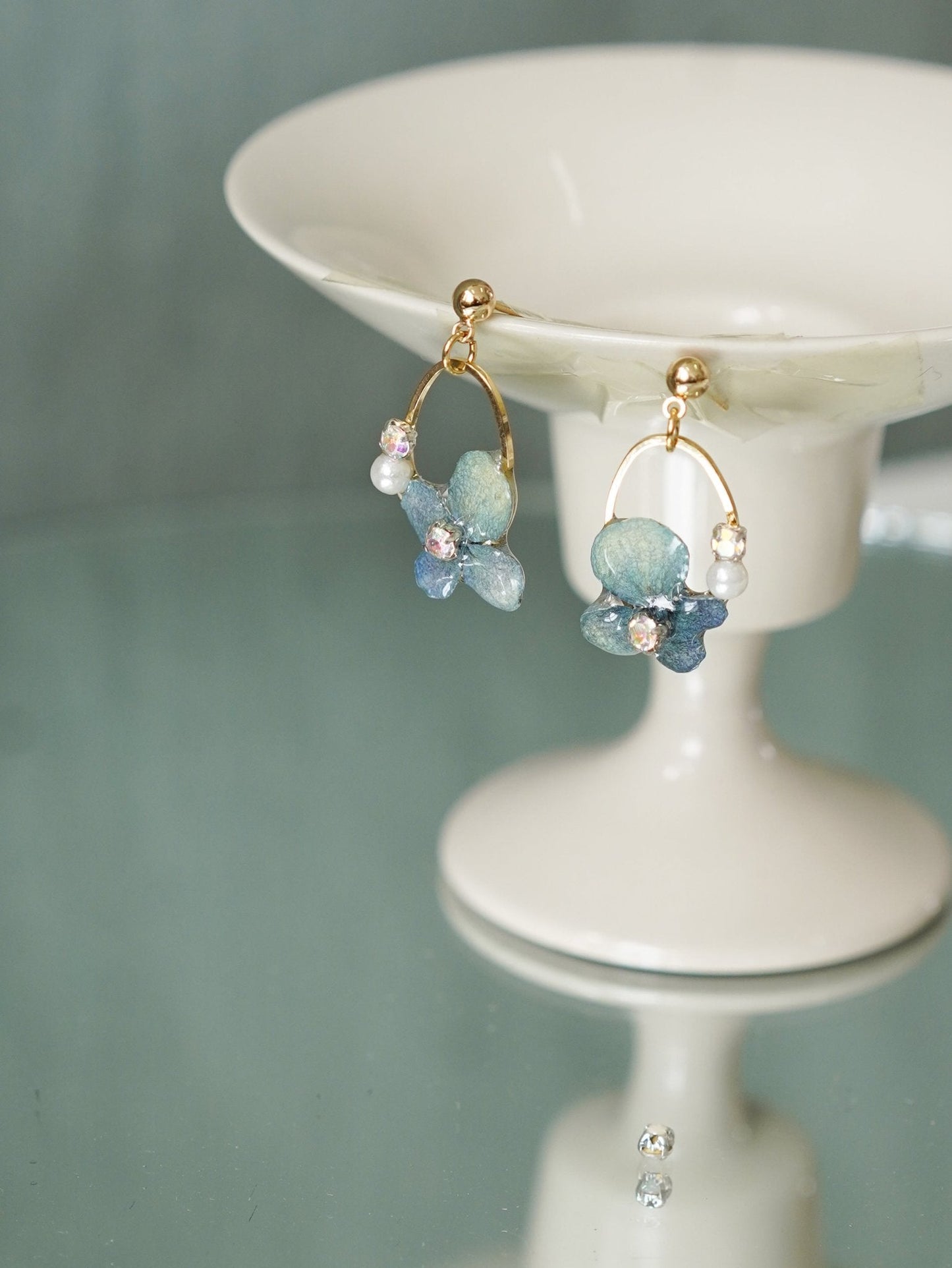 Real Blue Hydrangea Earrings with Pearl & Crystal Drop