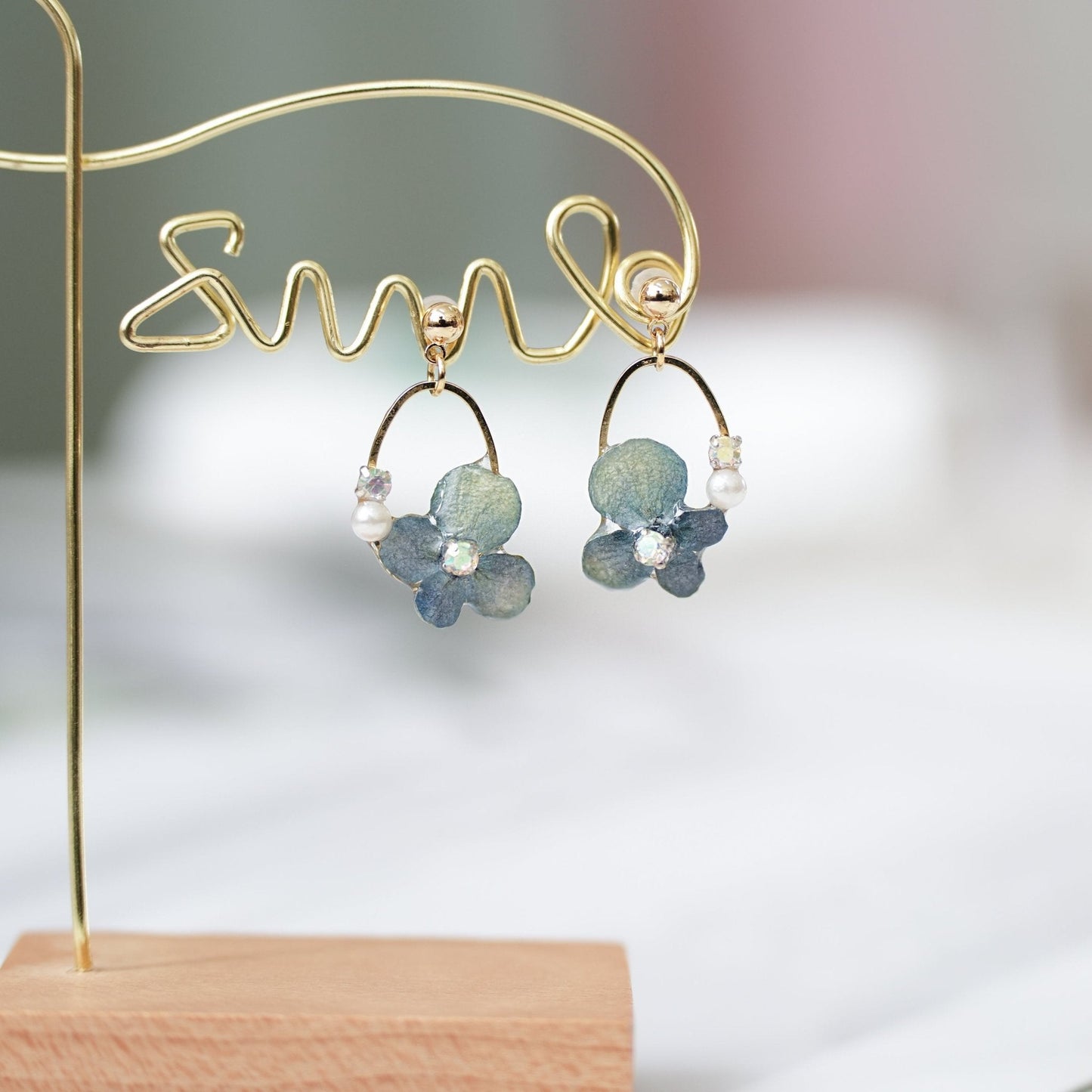 Real Blue Hydrangea Earrings with Pearl & Crystal Drop