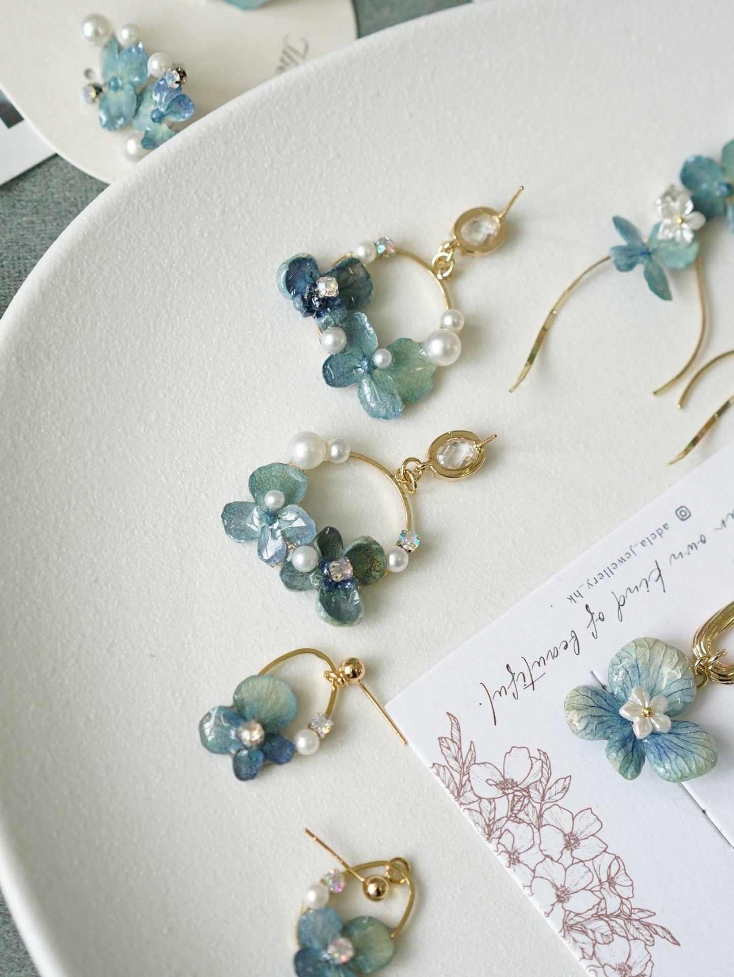 Real Blue Hydrangea Earrings with Pearl & Crystal Drop