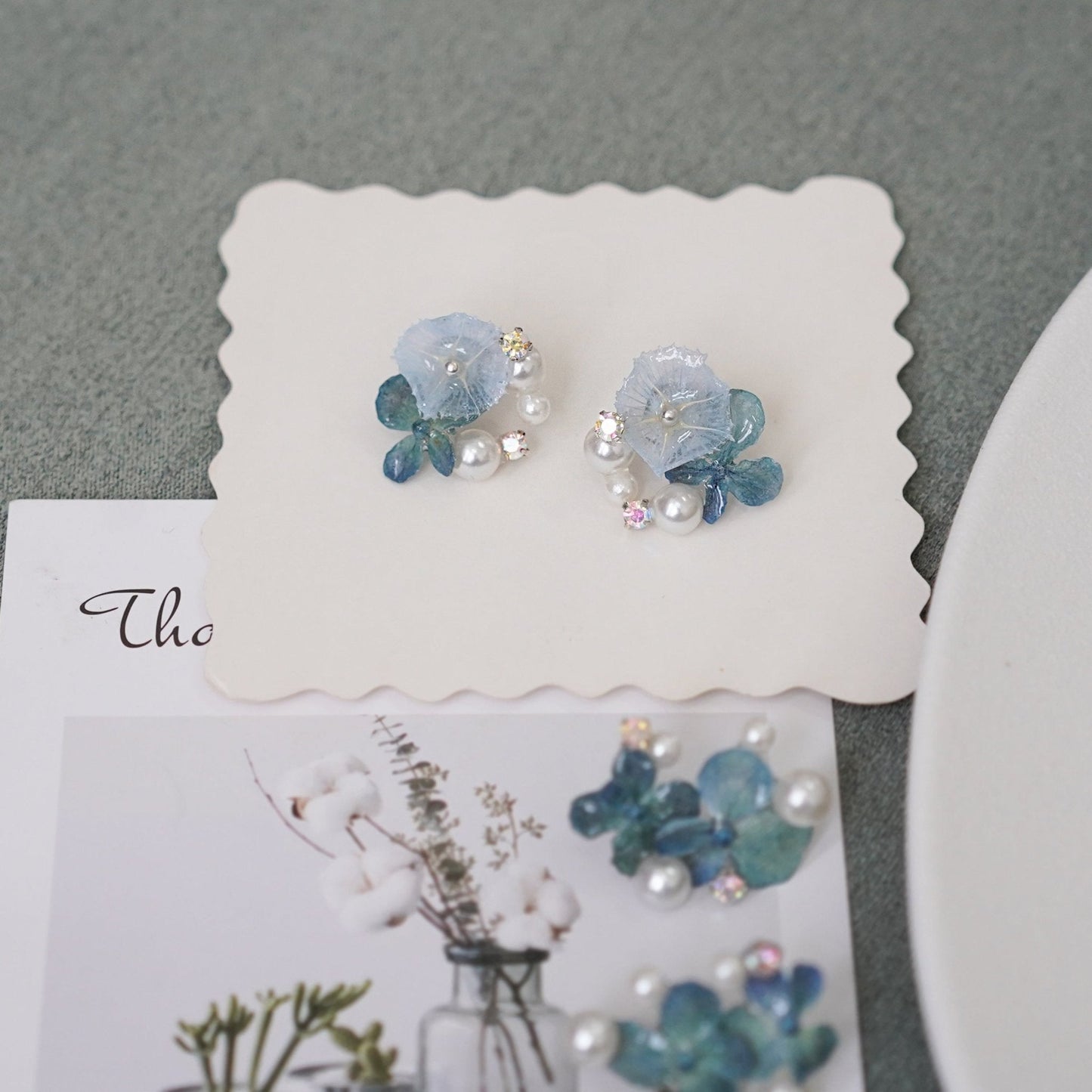 Real Blue Hydrangea Earrings with Pearl & Crystal Drop