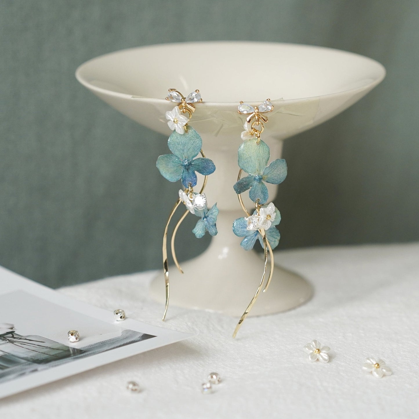 Real Blue Hydrangea Earrings with Pearl & Crystal Drop