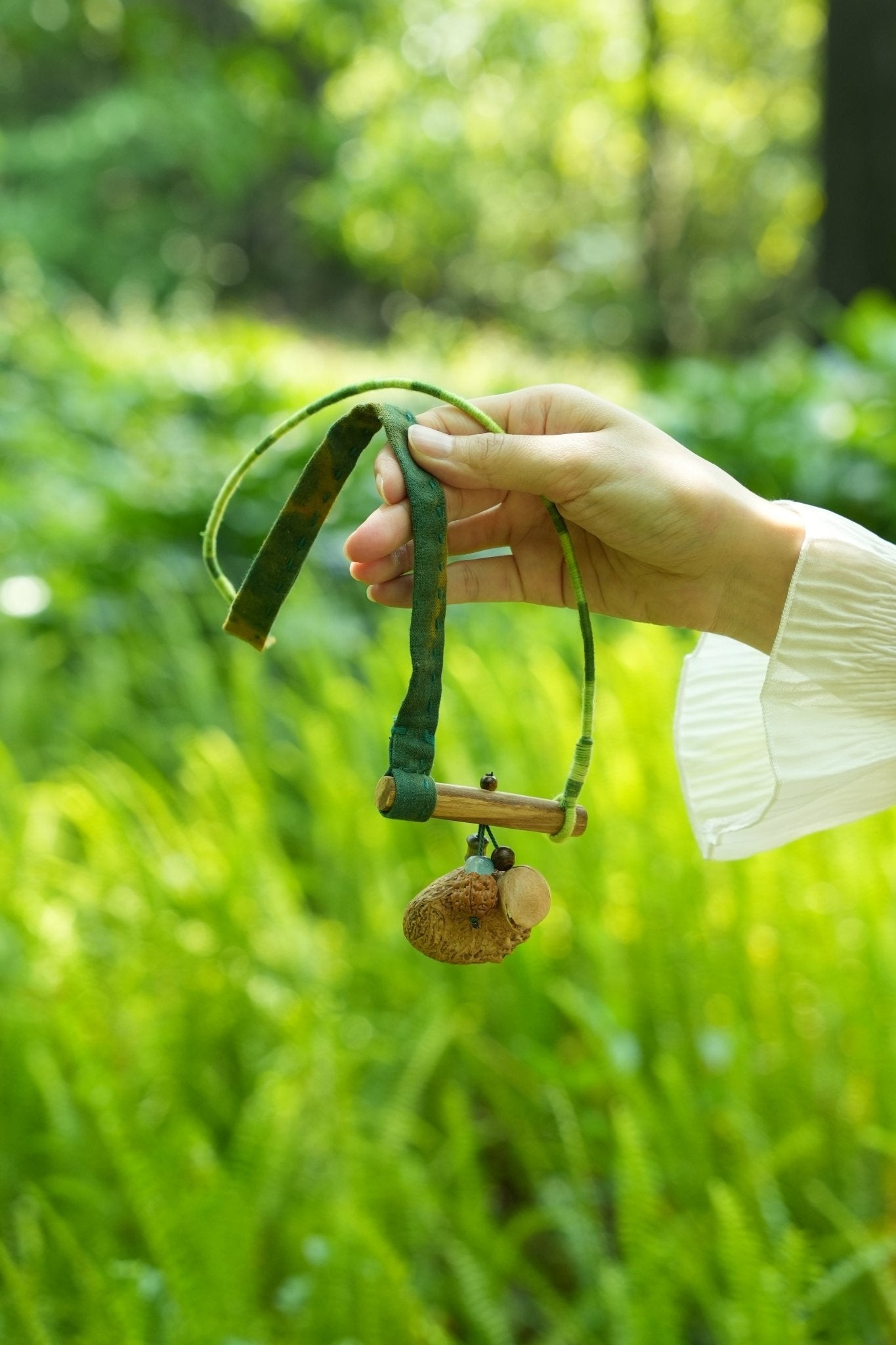 The Mossy Branch - Green Fabric Strap Necklace with Wood Bar