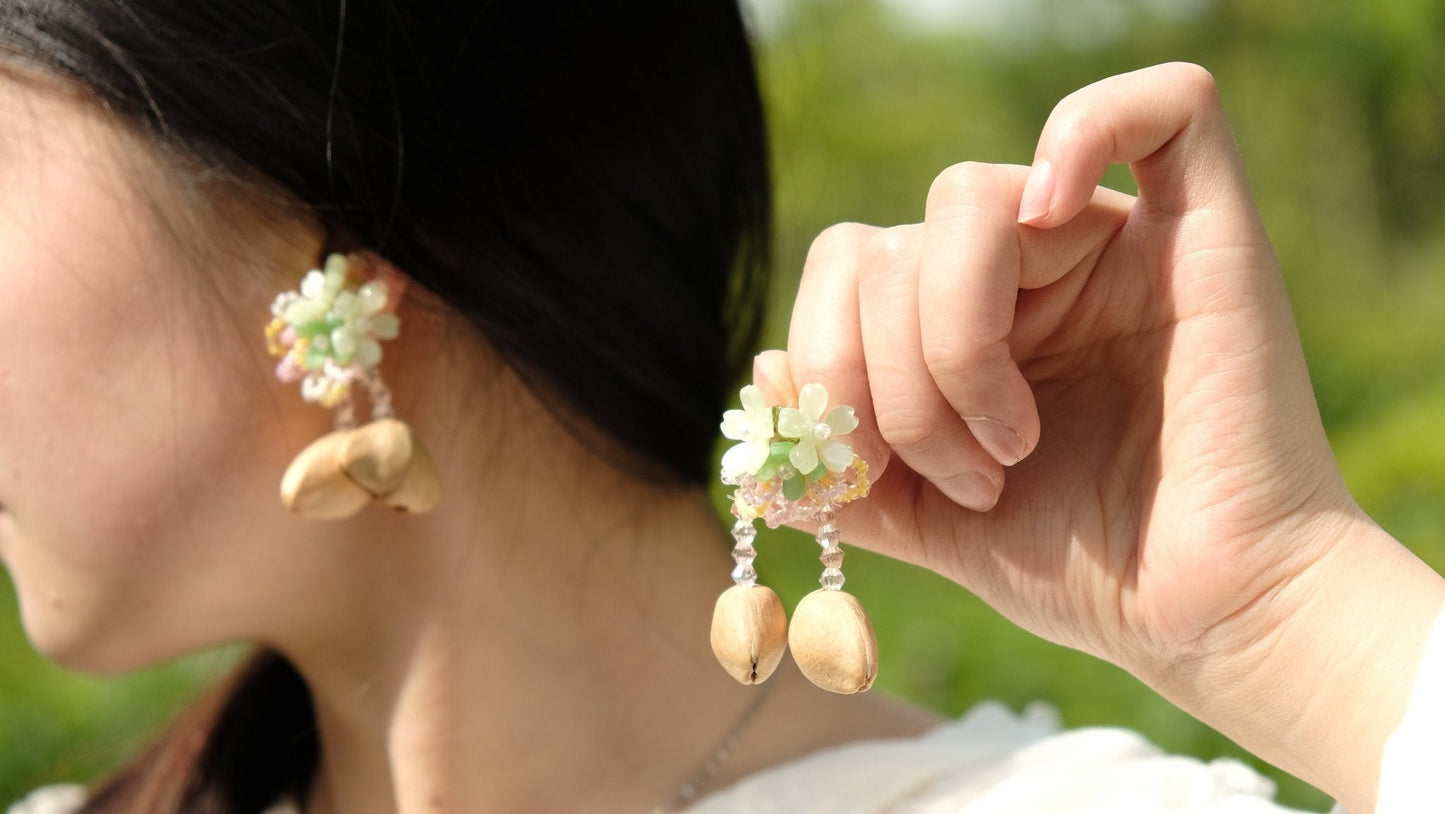 The Spring Blossom - Pastel Flower & Natural Seed Dangle Earrings