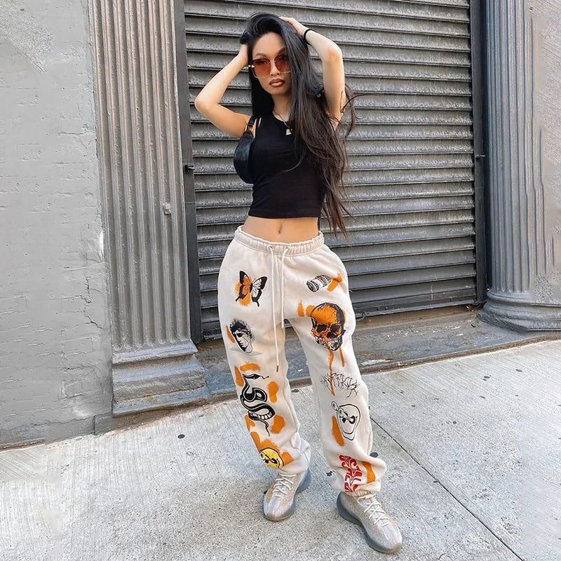 Cartoon Printed High-Waisted Sweat Pants