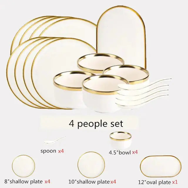 Ensemble de Plateaux à Dîner en Porcelaine Blanche à Bord Doré Mat