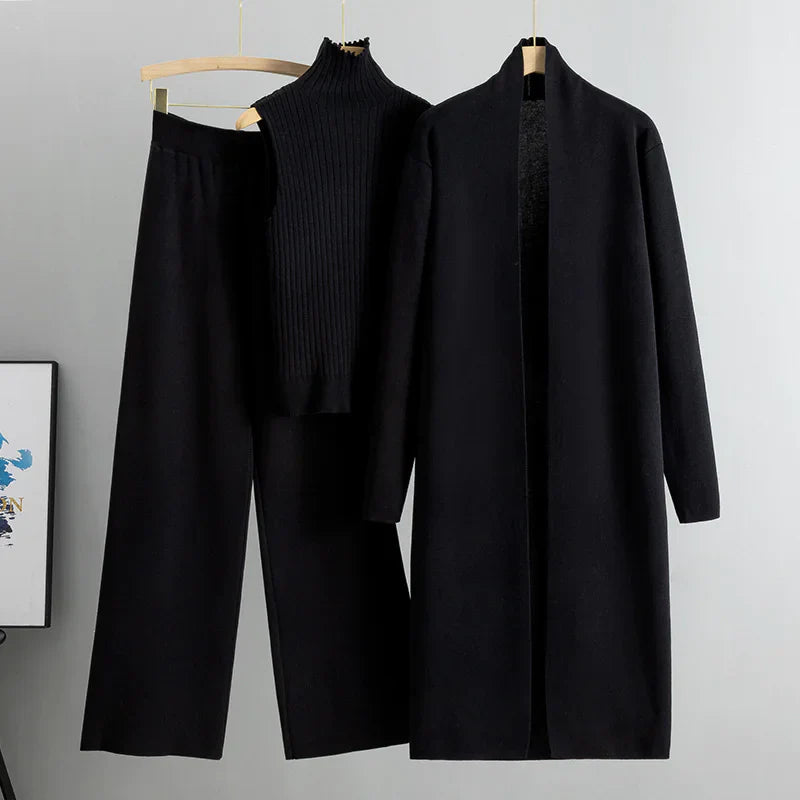 Conjunto de punto de 3 piezas para mujer: chaleco, cárdigan y pantalones de pierna ancha