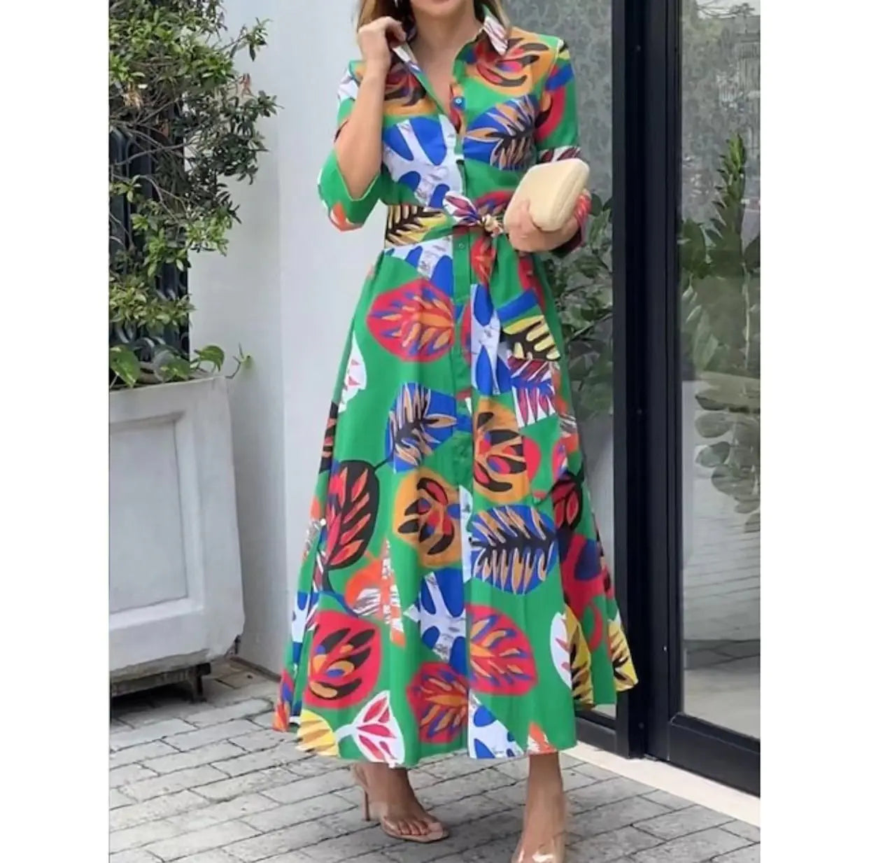 Vestido Camisero de Manga Larga Impreso