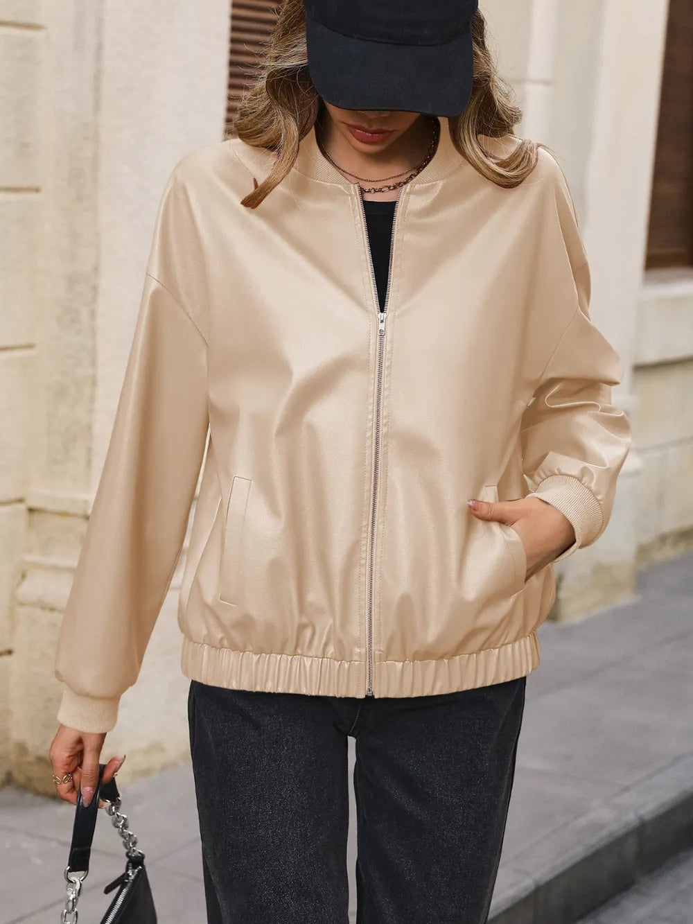 Veste à col baseball zippée à épaules tombantes