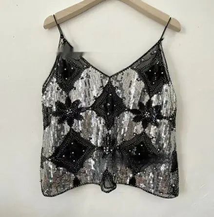 Haut à bretelles brodé de sequins et perles pour femmes