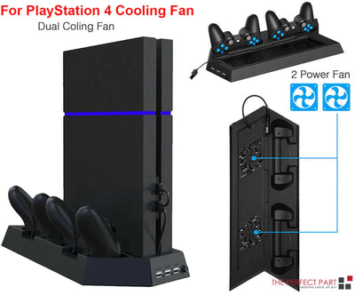 Station de refroidissement PS4 avec support vertical et station de charge pour deux manettes